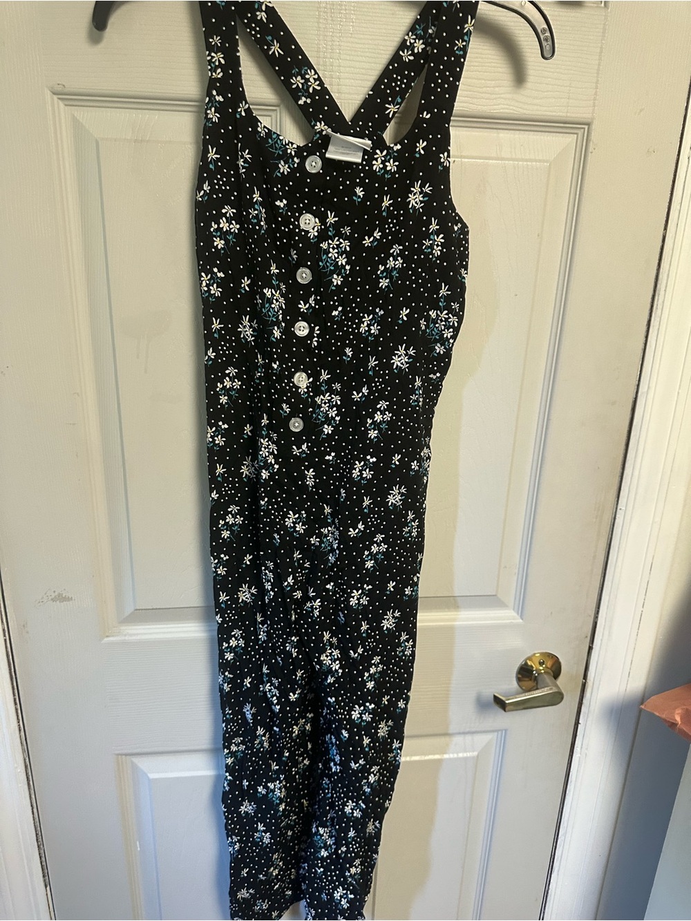 Us Angels Black Floral Button-Front Jumpsuit with White & Teal Accents